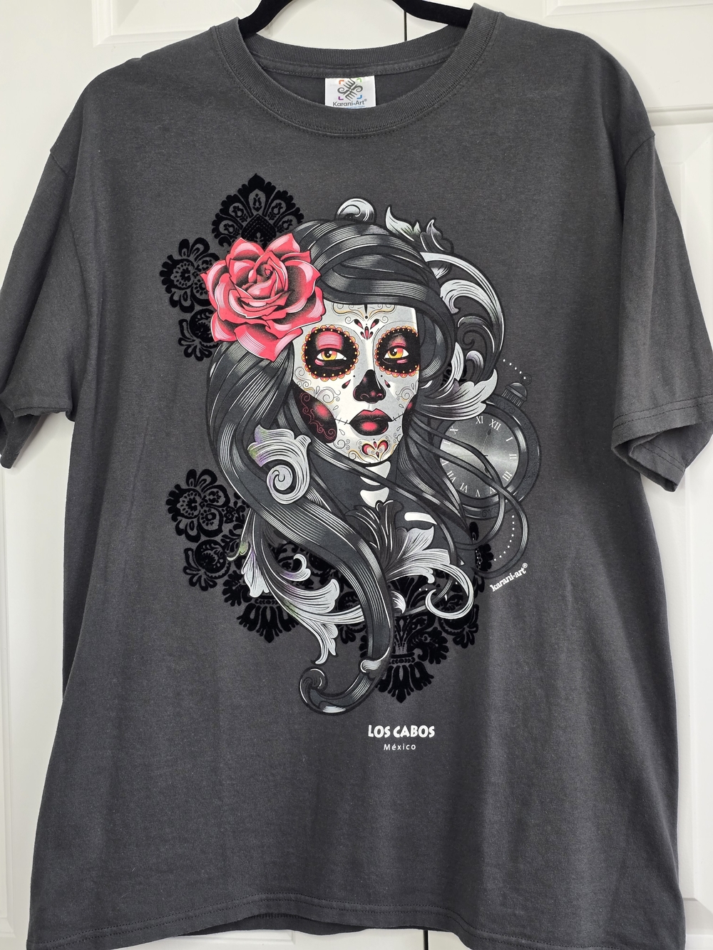 Los Cabos Day of the Dead Graphic Tee - Dark Gray with Pink Accent